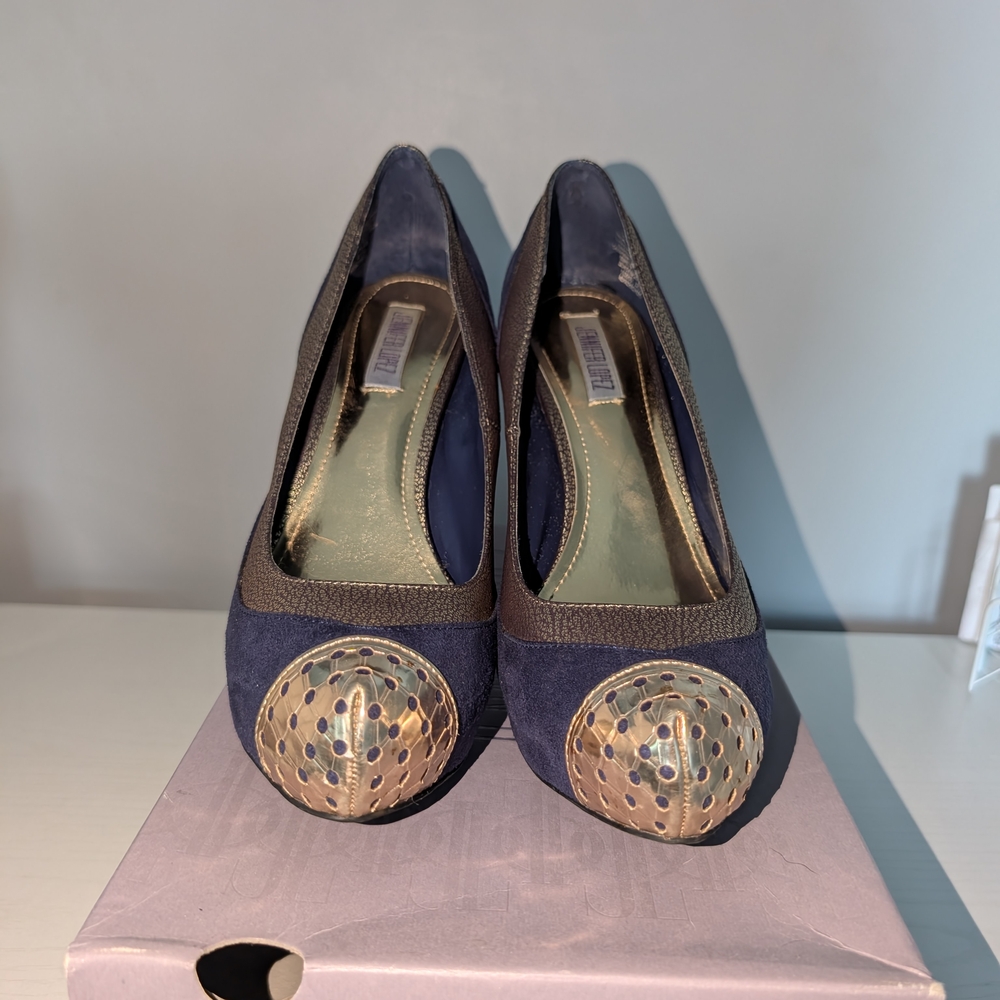 Jennifer Lopez Navy Heels with Gold Detail